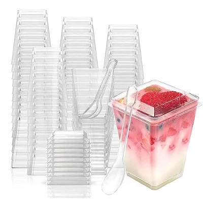 Bild av PALUDO 50 Stycken Mini Dessertkoppar med Lock och Skedar, 150ml Dessertglas Plastic Klara, Återanvändbara Set för Moussepudding Bröllopsfest