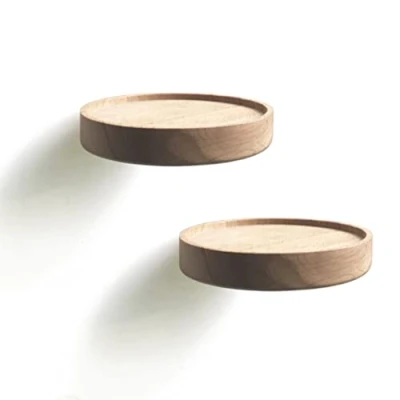 Bild av anaan Coracle vägghylla, rund, svävande hylla, trä, små hyllor, dekorativ växthylla, trähylla, väggbräde, hängande väggmontering, väggdekoration, design, set om 2 st (diameter Ø12 cm)