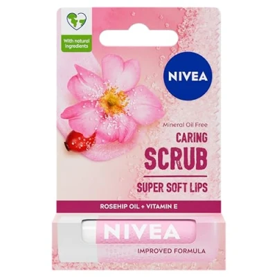 Bild av NIVEA 2 i 1 vårdande läppskrubb med nyponolja (5,5 ml), + E vitamin, exfoliatorpinne, läppbalsamskrubb naturliga skalande partiklar, exfolierande effekt