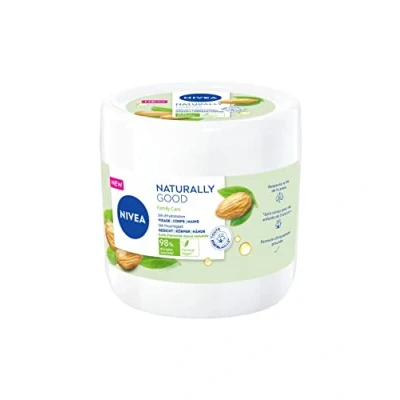 Bild av NIVEA NATURALLY GOOD Family Care multifunktionskräm för hela familjen (1 x 450 ml), 3 i 1 kräm berikad med 100% naturlig sötmandelolja, ansiktskräm kropp händer