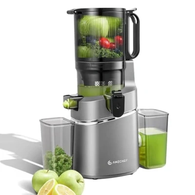 Bild av AMZCHEF Automatisk allt i ett juicepress, 135 mm öppning och 1,8 liters juicepress för grönsaker frukt, 250 W Slow Juicer Testvinnare med trippelfilter Grå