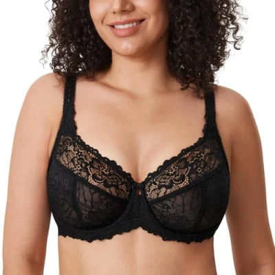 Bild av DELIMIRA Kvinnors Plus Size Minimizer BH Full täckning Lace Unfodred Underwire B K koppar Svart 75G