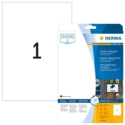Bild av HERMA 9500 väderbeständiga folieetiketter A4 (210 x 297 mm, 10 ark, polyeten, matt) självhäftande, utskrivbara, extremt stark häftande utomhus filmetiketter, klistermärken, vit