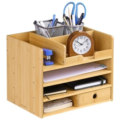 Bild av Navaris Skrivbordsorganisatör, förvaringslåda, 33 x 24 26 cm, bambu med 1 låda och fack, organiserare för kontorsmaterial