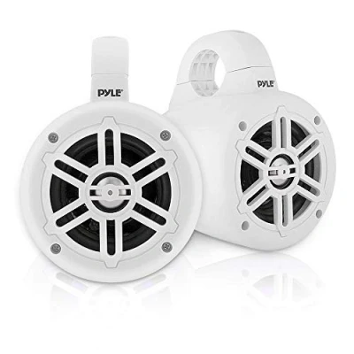 Bild av Waterproof Marine Wakeboard Tower Speakers 4 Inch Dual Subwoofer Speaker Set with 300 Max Power Output Boat Audio System Kit w/Titanium Dome Tweeters &amp; Mounting Clamps Pyle PLMRWB45W (White)