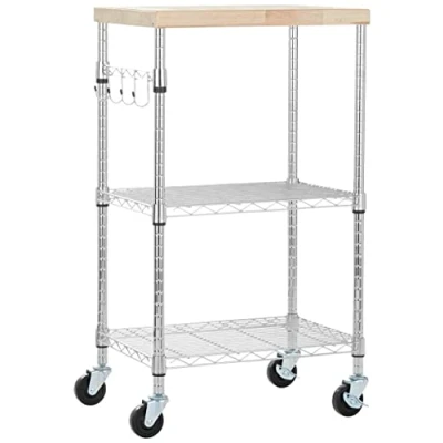 Bild av Amazon Basics Vagn för mikrovågsugn med 3 nivåer, på hjul, avtagbar trätopp och höjdjusterbara kromhyllor 79,5 kg i viktkapacitet, trä/krom