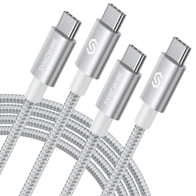Bild av SYNCWIRE Snabbladdande USB C laddningskabel (6 fot, 2 pack), hållbar nylon till kabel, 60 W (3 A) typ kabel för iPhone 15/15 Pro/15 Plus/15 Pro Max MacBook Samsung Galaxy silver