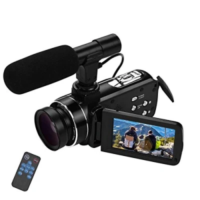 Bild av Andoer HD videokamera, 4K videokamera Full CMOS sensor 18X Digital zoomkamera, 3,0&quot; LCD, med 0.45X vidvinkelobjektiv och mikrofon