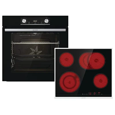 Bild av Gorenje 738885 OptiBake Black Steam Set / 77L Varmluft AquaClean GentleClose &amp; Open AirFry Pizza Mode 300C PerfectGrill Glas Keramisk Hob Svart
