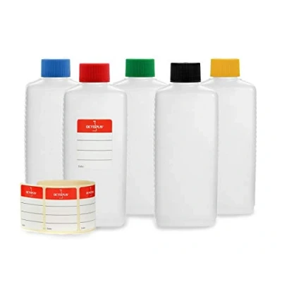 Bild av Octopus 5 x 250 ml plastflaskor, HDPE plastflaskor med färgglada skruvlock, tomma flaskor färgade fyrkantiga inkl. märkningsetiketter