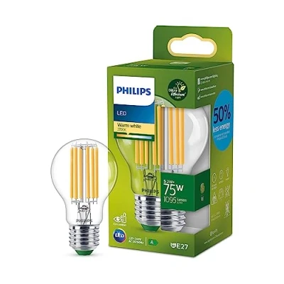 Bild av Philips LED Ultra Efficient, Extremt energisnål klassisk ljuskälla, 75W, A60, E27, 2700 kelvin, klart glas, 50.000 timmar livslängd
