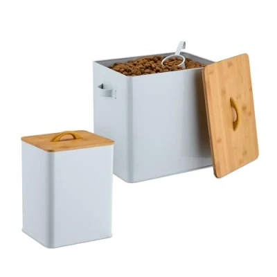 Bild av Relaxdays Foderbox, set om 2, 2 storlekar, med lock och sked, bambu, järn, förvaringslåda, torrfoder, vit/natur