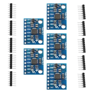 Bild av 5 x GY 521 MPU 6050 modul, 3 axlar accelerometer gyroskopmoduler 6 DOF axlad gyroskopsensor modul 16 bitar AD omvandlare data utgång IIC I2C och accelerationssensor kompatibel med Ard