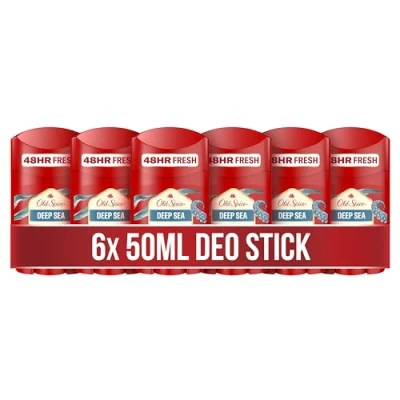 Bild av Gamla Spice Deep Sea Deodorant Stick för män, 6 x 50 ml, 48 H färsk, långvarig doft i parfymkvalitet, 0% aluminiumsalter, inga fläckar på svart och vit, tillverkad av 50% återvunnen plast