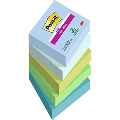 Bild av Post it Super Sticky Notes Oasis färgsamling, paket med 5 dynor, 90 ark per dyna, 76 mm x mm, blå, grön extra klisterlappar för anteckningar, att göra listor och påminnelser