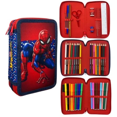 Bild av CARTOON pennfodral 3 hel dragkedja 44 st pappersvaror multifack pennor färgpennor giotto för skolan, Spiderman,