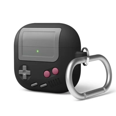 Bild av elago AW5 kompatibel med AirPods 4 fodral (2024) 4:e generationens fodral, klassisk retro handhållen spelkonsol designfodral, karbinhake ingår (svart)