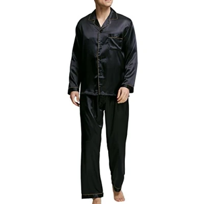 Bild av Sovkläder satin pyjamas set nattkläder myskläder, Svart med gyllene rörledningar, L