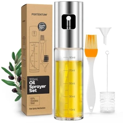 Bild av PORTENTUM Oljesprayflaska 100 ml rostfritt stål olivolja dispenser, läckagesäker oljeflaska med tillbehör oljespruta för matlagning, grillning, sallad och luftfritös