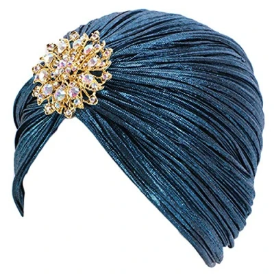 Bild av EORUBE Vintage turbanhatt med kristallbrosch fjäder turban huvudbonader för 1920 talet Gatsby kostym cocktailparty, Broschstil 1 påfågelblå, one size