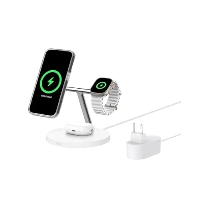 Bild av Belkin BoostCharge 3 i 1 Qi2 laddare, MagSafe kompatibel trådlös laddningsstation, laddare för Apple iPhone 16 serien, Watch, AirPods med halkfri sockel, strömförsörjning medföljer Vit