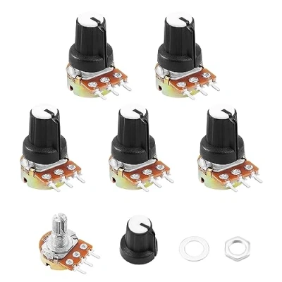 Bild av HSeaMall linjär konisk roterande volym B typ B10K potentiometer kruka 3 terminal med lock muttrar och bricka 5 pack (10K OHM terminal)