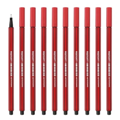Bild av Westcott fineliner röd 10 stycken pack premium med 0,4 mm linjetjocklek exakt linjeguide, metallkantad spets, snabbtorkande vattenbaserat bläck E 737784 00