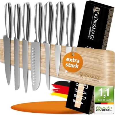 Bild av KÖKSMAGI® Magnetlist kniv av bambu (40 cm) magnetisk knivlist med extremt stark magnet för tunga knivar självhäftande (3 m tejpband och tillbehör borrning