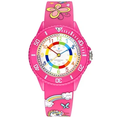 Bild av Alienwork Enhörning Flicka Barnklocka Pedagogisk Flickor Lära Tid Rosa Silikon Armband Multi Vattentät 5 ATM Inlärningstid
