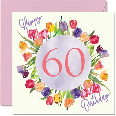 Bild av Vackra 60 årskort för kvinnor akvarell tulpaner blommor bukett grattis på födelsedagskort hennes mormor mamma födelsedagspresenter, 145 mm x härliga blommiga gratulationskort present