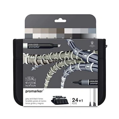 Bild av Winsor &amp; Newton 0290081 ProMarker (i Wallet, professionell layoutmarker 2 spetsar, fin och bred för ritningar, design layouter) 24 färger set svart/grå toner