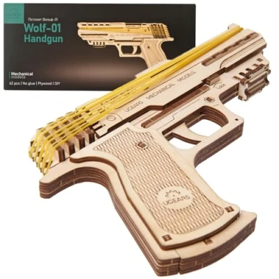 Bild av UGEARS Wolf 01 gummigummipistol av trä 3D pussel, modellbyggsats, träpistol med gummiband gör det själv modellbygge set för barn och vuxna