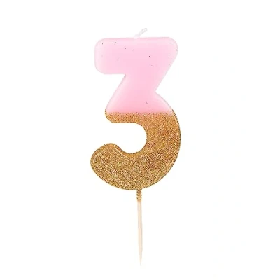 Bild av Talking Tables födelsedag rosa nummer 3 tre ljus med guldglitter Premium kvalitet tårtdekoration Vacker, glittrande för barn, vuxna, 30:e födelsedagsfest, årsdag, milstolpe ålder, vax