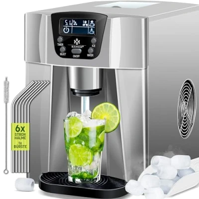 Bild av KESSER® Isbitsmaskin, Isbitsmaskin i rostfritt stål, 100 W Ice Maker, 12 kg 24 h, 2 kubstorlekar, beredning på 6 min, liter vattentank, timer, LCD display, silver
