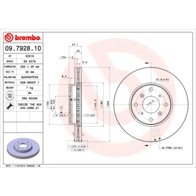 Bild av BREMBO 09.7928.10 Disque de frein 282 25 4 ventilé l&#039;intérieur avec vis/boulons HONDA: ACCORD 6, 6 Limousine, Coupe