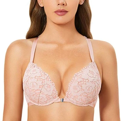 Bild av DOBREVA Kvinnors främre stängning BH med bygel Push Up Lace Halter Racerback djup urringning vadderad Gentle Rose 70AA