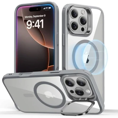Bild av ESR fodral med stativ för iPhone 16 Pro Max, Magsafe Halolock, skydd av militärklass, inbyggd kamera ringhållare, genomskinlig grå
