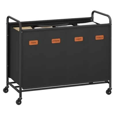 Bild av SONGMICS Rullande tvättkorg, 4 fack tvättuppsamlare, 200L tvättsorterare, mobil tvättvagn, 5 etiketter, för tvättstuga, sovrum, badrum, bläck Svart RLS460B01