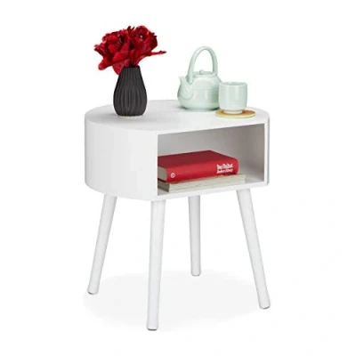 Bild av Relaxdays Sidobord, runt nattduksbord med förvaringsfack, träben, enkel design, HxBxD 47,5x46x40 cm, vit, MDF skivor, trä, 1 pack