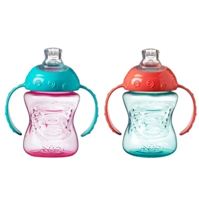 Bild av Nuby Grip N Sip Träningsmugg med handtag, stänksäker, mjuk pip, 240 ml, lämplig för från 4 månader (2 pack, rosa/orange)