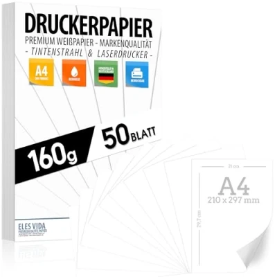 Bild av 50 ark vitt skrivarpapper A4 160 g premiumpapper rent DIN 21 x 29,7 cm ritpapper tjockt, otryckt för universitet, fotografi, presentationer, hantverk, högkvalitativt