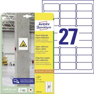 Bild av AVERY Zweckform L7874 20 starkt självhäftande etiketter (540 klistermärken, 63,5 x 29,6 mm till A4, extremt stark självhäftande, även för svåra ytor, tryckbara Power etiketter) ark,