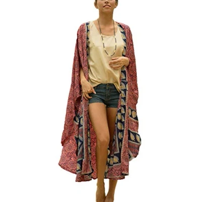 Bild av YouKD Dam lång kimono maxi bohemisk klänning strand täckande rock plus storlek Lougewear en storlek, Röd,