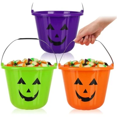 Bild av COM FOUR® 3x Halloween pumpa hink plasthink i design för att samla godis insamlingspåse med handtag