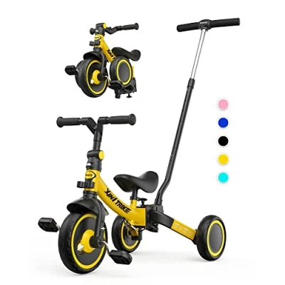 Bild av Besrey 7 i 1 trehjuling för småbarn, med styrhandtag 5 år, vikbar hjul, småbarnscykel hjulkoppling, större avtagbara pedaler, höjdjusterbar sits, gul