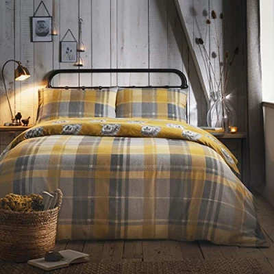 Bild av Drömmar och draperier ockra rutigt påslakan enkel storlek (140 x 200 cm) mjuk 100% borstad bomull vändbar design gul flanell skogssängkläder med igelkottar