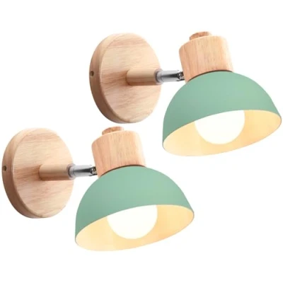 Bild av iDEGU 2 stycken vägglampor modern inomhus vägglampa av trä metall halvcirkel lampskärm E27 justerbar väggspot vintage lampa för sovrum vardagsrum (2 lampor, grön)