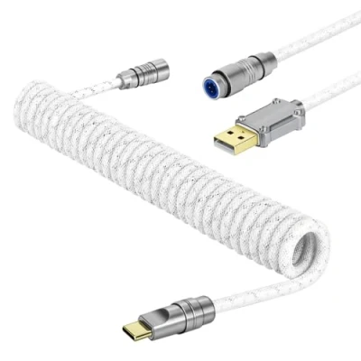 Bild av MAMBASNAKE C05 Custom Coiled Aviator USB C Kabel för Speltangentbord, Nylonflätad, A till C, Double Sleeved Spiral Mekanisk Tangentbordskabel med Löstagbar CNC Metallflygkontakt, 4,92Ft Vit