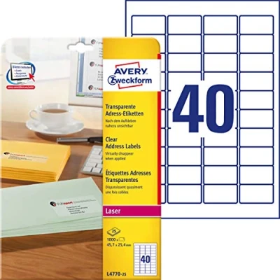Bild av AVERY Specialform L4770 25 adressetiketter/adressetiketter (45,7 x 25,4 mm på DIN A4, tryckbar, självhäftande, för C6 brevpapper + Deutsche Post INTERNETMARKE, 1 000 etiketter, ark) transparent