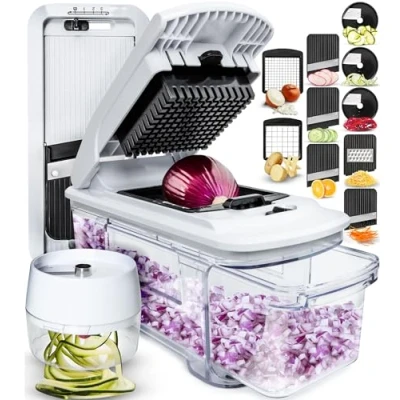 Bild av Allt i ett Grönsakshackare Skärare Mandolin Skivare Spiralizer Matlöksallad med Behållare Pommes Frites Potatishackare Köksprylar (Allt 1 Vit)
